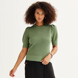 Nine West Puff Sleeve Sweater Top XL Olive Green Crewneck